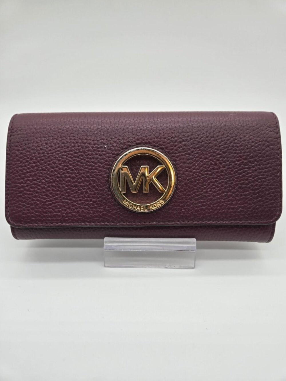 Michael Kors Burgundy Pebbled Leather Continental Wallet Gold MK Logo
